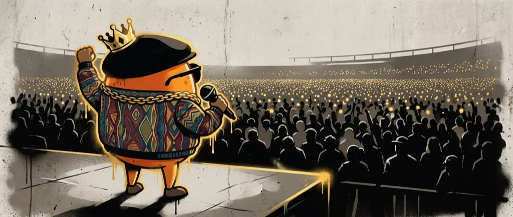An artist on a stadium runway, the crowd lit gold to the back of the stands