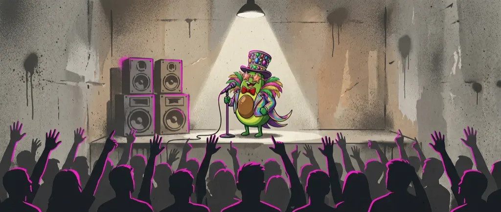 A performer alone in a spotlight on a small stage, hands up in the crowd below