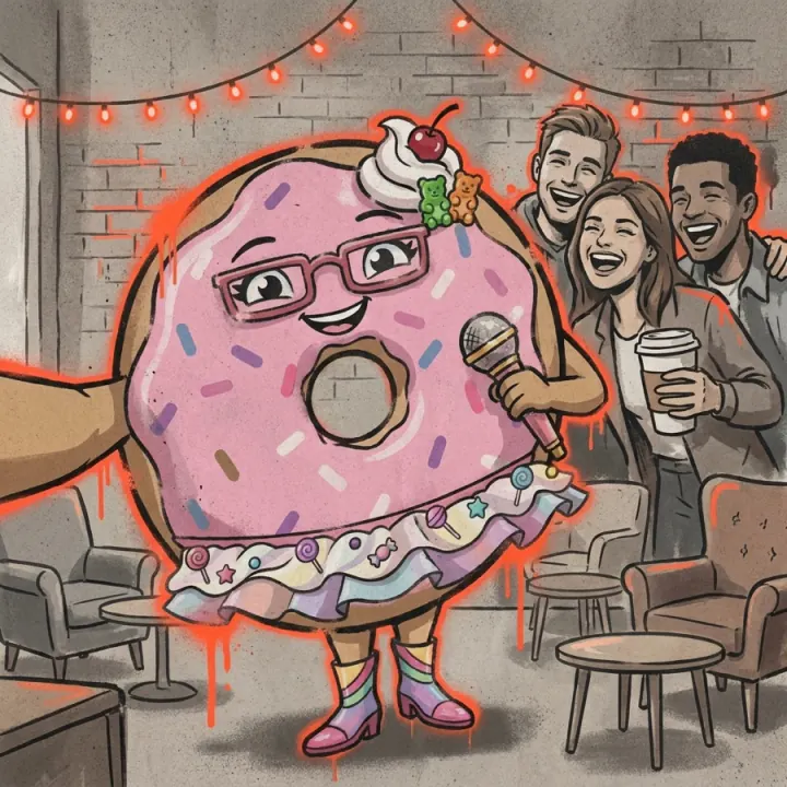 A selfie at an open mic with three people in the room behind