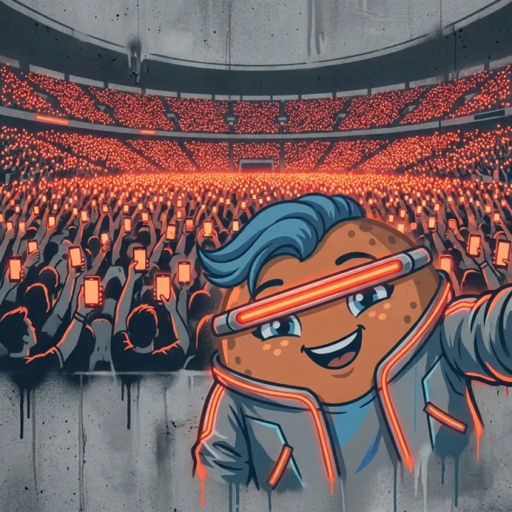 The same selfie on a world tour, a stadium of phone lights behind