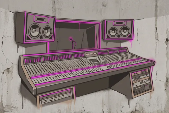 A professional recording room, desk and monitors set up for a session