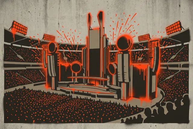 A packed stadium show lit in red, the crowd filling the frame
